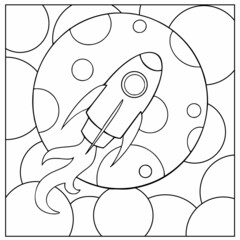 Coloring, book cartoon space rocket. Kids coloring page outline drawing spaceship. Vector illustration cosmos. 