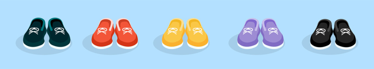 Set of sneakers in red, black, yellow, purple colors on an isolated background. Vector illustration of bright shoes. Flat design.