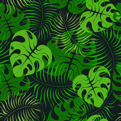 Fototapeta na wymiar seamless floral pattern with palm leaves and monstera