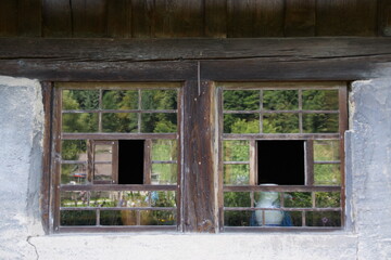 Doppelfenster eines traditionellen Berghofs im Schwarzwald. Die Fenster sind handgefertigt aus Holz, die kleinen rechteckigen Glasscheiben reflektieren den Wald. Die Mauern sind weiß verputzt.  - obrazy, fototapety, plakaty