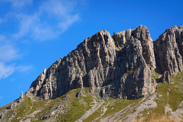 Mount Castellaz, trekking of the Thinking Christ, peak of the Dolomites in Italian Alps, UNESCO world heritage site in Trentino Alto Adige, Passo Rolle, Italy, Europe