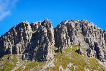 Mount Castellaz, trekking of the Thinking Christ, peak of the Dolomites in Italian Alps, UNESCO world heritage site in Trentino Alto Adige, Passo Rolle, Italy, Europe 