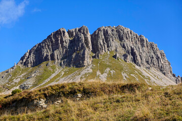 Mount Castellaz, trekking of the Thinking Christ, peak of the Dolomites in Italian Alps, UNESCO world heritage site in Trentino Alto Adige, Passo Rolle, Italy, Europe 