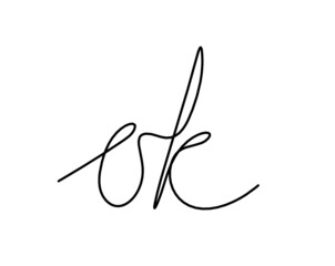 Calligraphic inscription of word "ok" as continuous line drawing on white  background