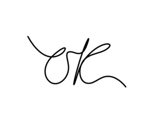Calligraphic inscription of word "ok" as continuous line drawing on white  background