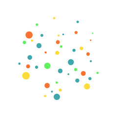 Vector dots, colorful circles. Multicolored random spots, flying confetti on white background. Rounded geometric shapes in various sizes. Specks and freckles, circular and radial element. Flat design
