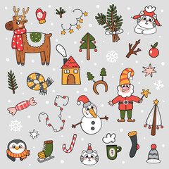 Set of Christmas elements. Cat, snowman, trees, deer, decor. Christmas elements for stickers, cards, invitations, backgrounds, and more.