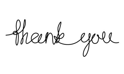 Calligraphic inscription of word "thank you" as continuous line drawing on white  background