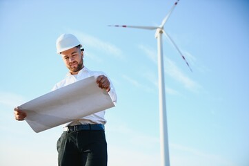 Wind turbines generating electricity. energy conservation concept.