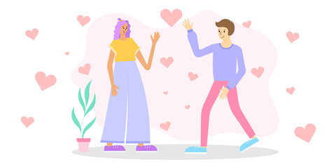 Couple in love guy and girl waving hand. Vector illustration in a flat style. Character for design. Flat people concept.
