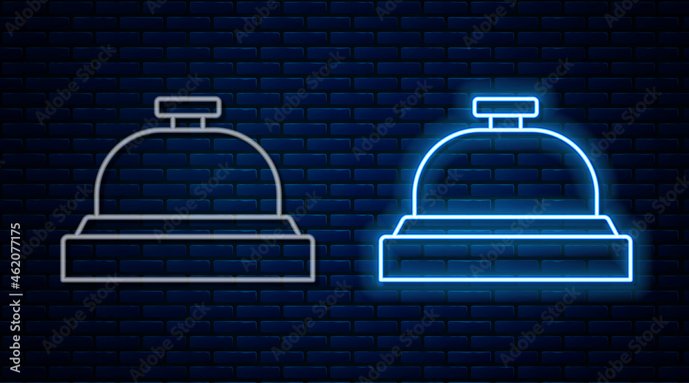 Sticker Glowing neon line Hotel service bell icon isolated on brick wall background. Reception bell. Vector