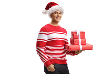 Guy with a santa claus hat holding christmas gifts