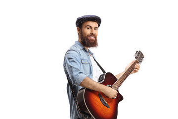 Bearded guy playing an acoustic guitar