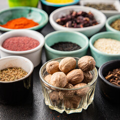 mix spices seasoning different types pungent and spicy fresh herbs, ground spice on the table copy space food background rustic 