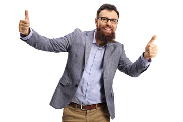 Fototapeta premium Cheerful bearded man showing both thumbs up