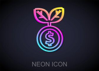 Glowing neon line Dollar plant icon isolated on black background. Business investment growth concept. Money savings and investment. Vector
