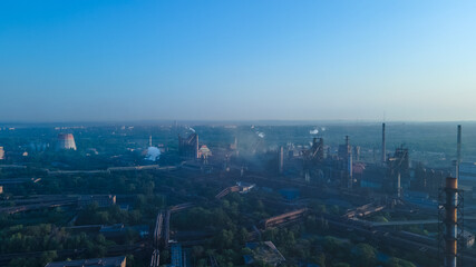 metallurgical plant heavy industry poor ecology top view smoke from chimneys smog