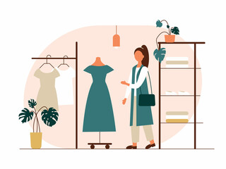 People shopping flat vector illustrations set. The woman chooses clothes in the store. Clothing store, sale.