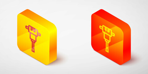 Isometric line Construction jackhammer icon isolated on grey background. Yellow and orange square button. Vector