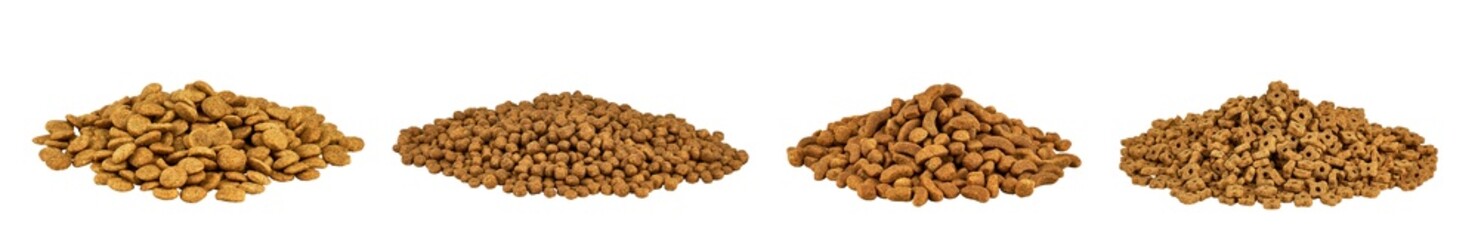 Different types of pet dry food isolated on white Kibble food for cat or dog