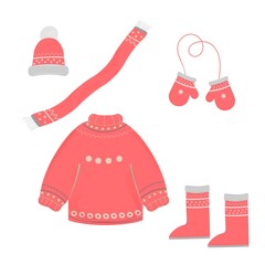 A set of insulated warm clothes in pink on a white background.  A set of winter clothes with texture and patterns. Vector illustration.
