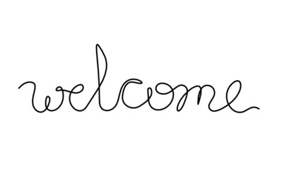 Calligraphic inscription of word "welcome" as continuous line drawing on white  background
