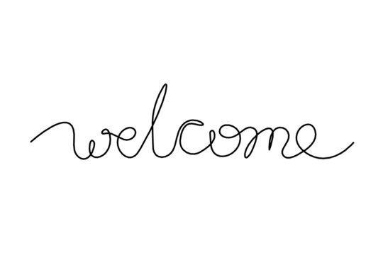 Calligraphic inscription of word "welcome" as continuous line drawing on white  background
