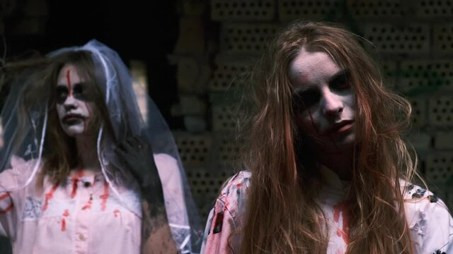 Halloween. Two female zombies look into the camera. The corpse of the bride and the mentally unhealthy long-haired woman stand against the background of a brick wall in an abandoned building. 4k