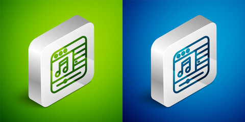 Isometric line Music player icon isolated on green and blue background. Portable music device. Silver square button. Vector