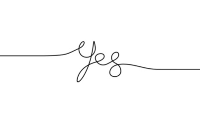 Calligraphic inscription of word "yes" as continuous line drawing on white background