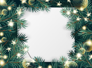 Fototapeta na wymiar Vector Christmas square frame with tree branches, light garlands and white paper. Christmas decoration concept