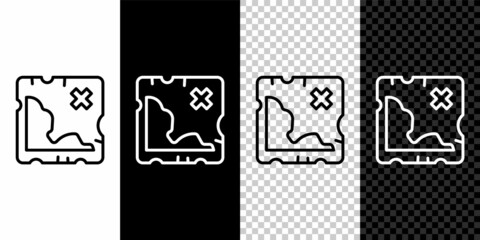 Set line Pirate treasure map icon isolated on black and white, transparent background. Vector