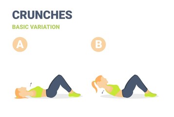 Girl Performing Crunches Home Workout Exercise Guide Illustration. Female Working on Her Abs Guide.