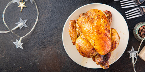 christmas meat poultry chicken or turkey new year table treat chicken coquelet fresh meal on the table copy space food background rustic 