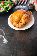 christmas meat poultry chicken or turkey new year table treat chicken coquelet fresh meal on the table copy space food background rustic 