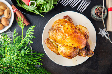 christmas meat poultry chicken or turkey new year table treat chicken coquelet fresh meal on the table copy space food background rustic 