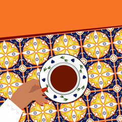 Cup of tea in female hand. Ornate tile table from top view. Mug in hand on the blue and yellow tile background. Fashionable vector illustration. Feminine lifestyle