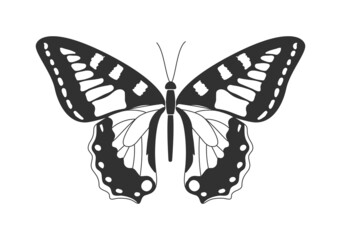 Dark butterfly with light spots on wings. Simple template with insect. Design for stickers, websites and applications. Cartoon contemporary flat vector illustration isolated on white background