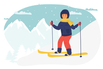 Vector Illustration Of Kid Skiing girl skiing flat character. cartoon winter sport, Winter Sport Activities Vector Illustration. winter landscape
