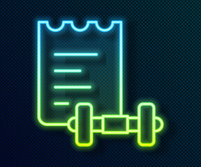 Glowing neon line Sport training program or fitness plan icon isolated on black background. Vector