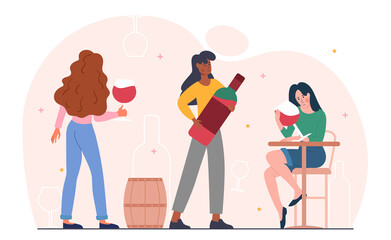 Wine lover in bar. Girlfriends sit together and drink alcohol. Connoisseurs of delicious drinks. Funny colored poster and banner. Cartoon flat vector illustration isolated on white background