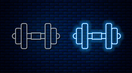 Fototapeta Glowing neon line Dumbbell icon isolated on brick wall background. Muscle lifting, fitness barbell, sports equipment. Vector obraz