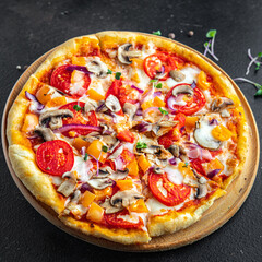 vegetable pizza no meat tomato, pepper, onion, mushroom, corn fresh vegetables meal snack on the table copy space vegetarian food background rustic 