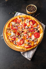 vegetable pizza no meat tomato, pepper, onion, mushroom, corn fresh vegetables meal snack on the table copy space vegetarian food background rustic 