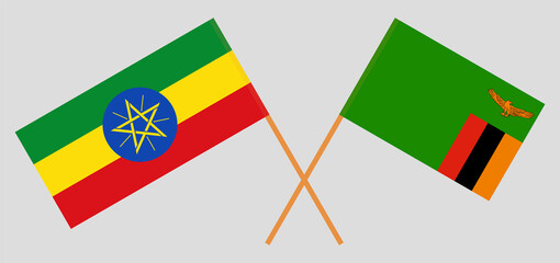 Crossed flags of Ethiopia and the Republic of Zambia. Official colors. Correct proportion