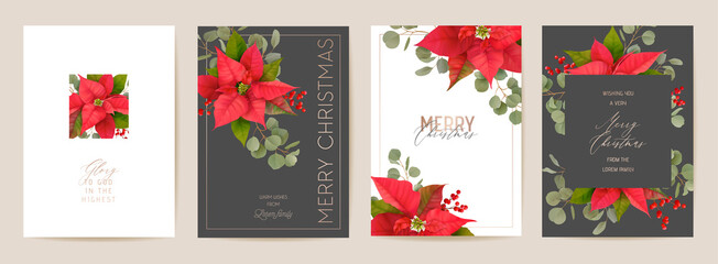 Poinsettia Realistic Vector Christmas Card Set, Floral Happy New Year Illustration. Mistletoe Frame Design Set