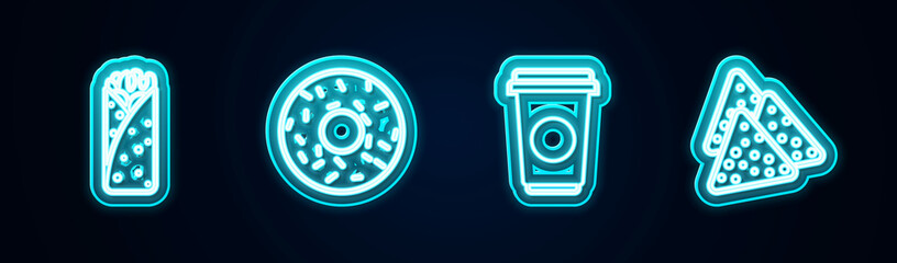 Set line Burrito, Donut, Coffee cup and Nachos. Glowing neon icon. Vector