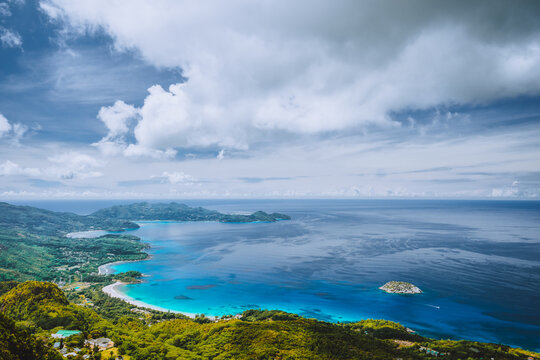 Mahe island, Seychelles. Panoramic view on therese island, bay ternay from morne blanc hill view point