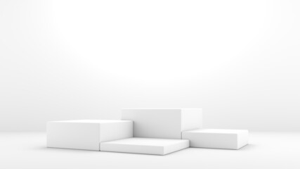 Podiums, stands, white and minimalist square pedestals for product display. Simple and clean concept.