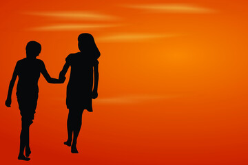 Brother and sister holding hands walking. friendship vector image.